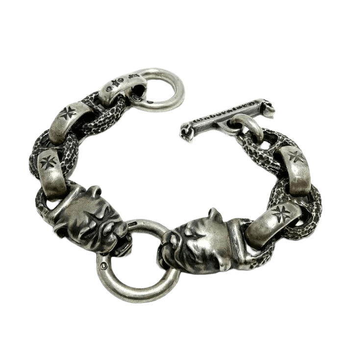 2 Bull Dog Head With HWO & Chiseled Anchor Links Bracelet