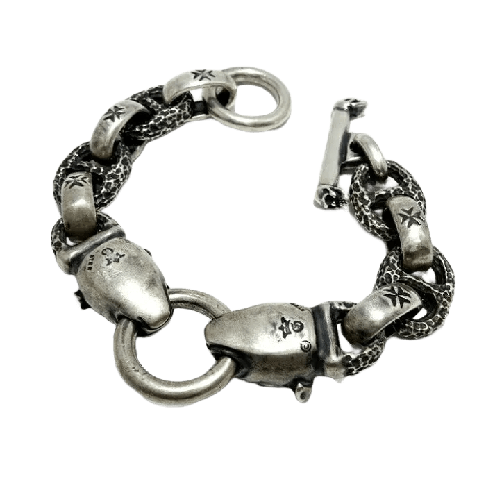 2 Bull Dog Head With HWO & Chiseled Anchor Links Bracelet