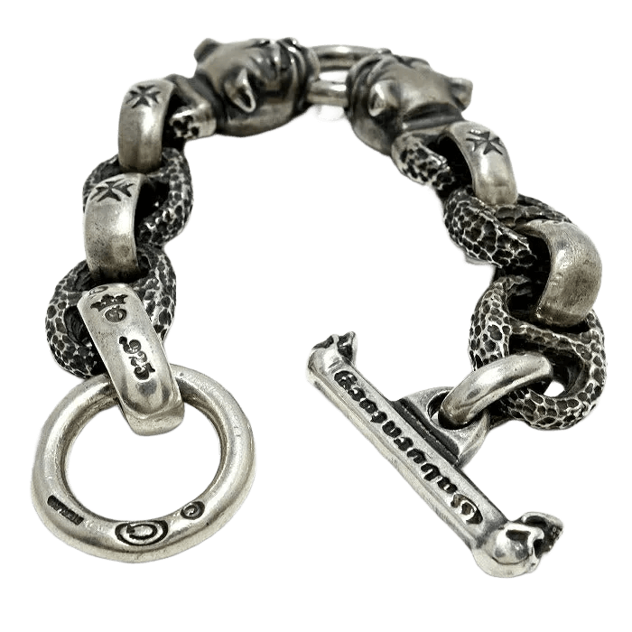 2 Bull Dog Head With HWO & Chiseled Anchor Links Bracelet