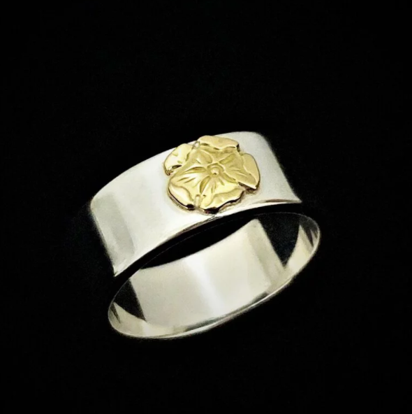 Flattened Rose Ring - Silver and Gold | Goro's Native Feather Authorized Dealer